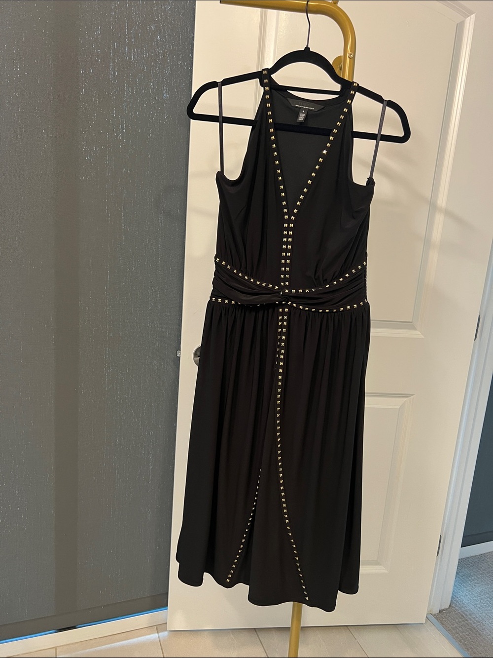 White House Black Market Black Studded V-Neck Midi Dress